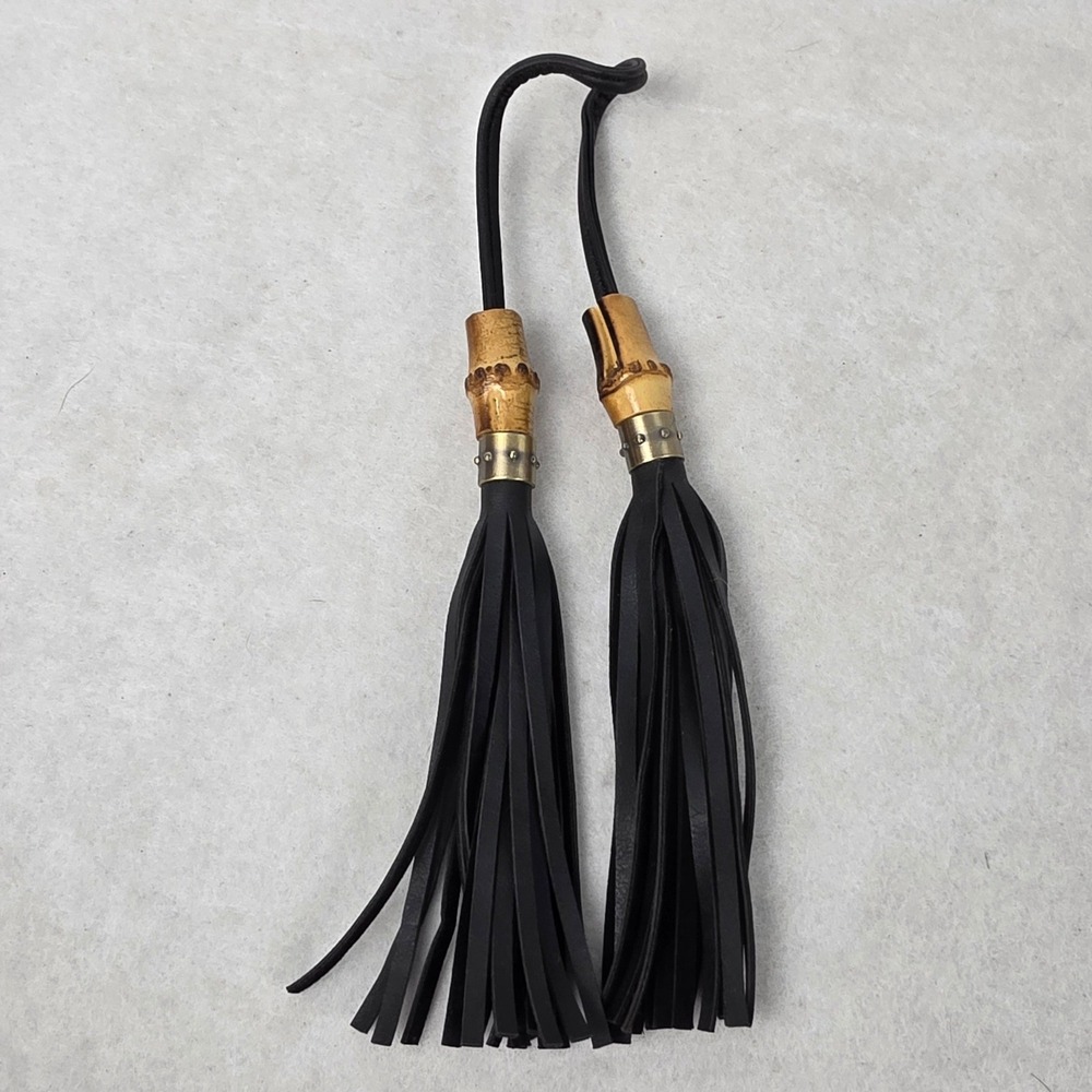 Black Leather Double Tassel Bag Charm with Bamboo Accents and Gold Hardware